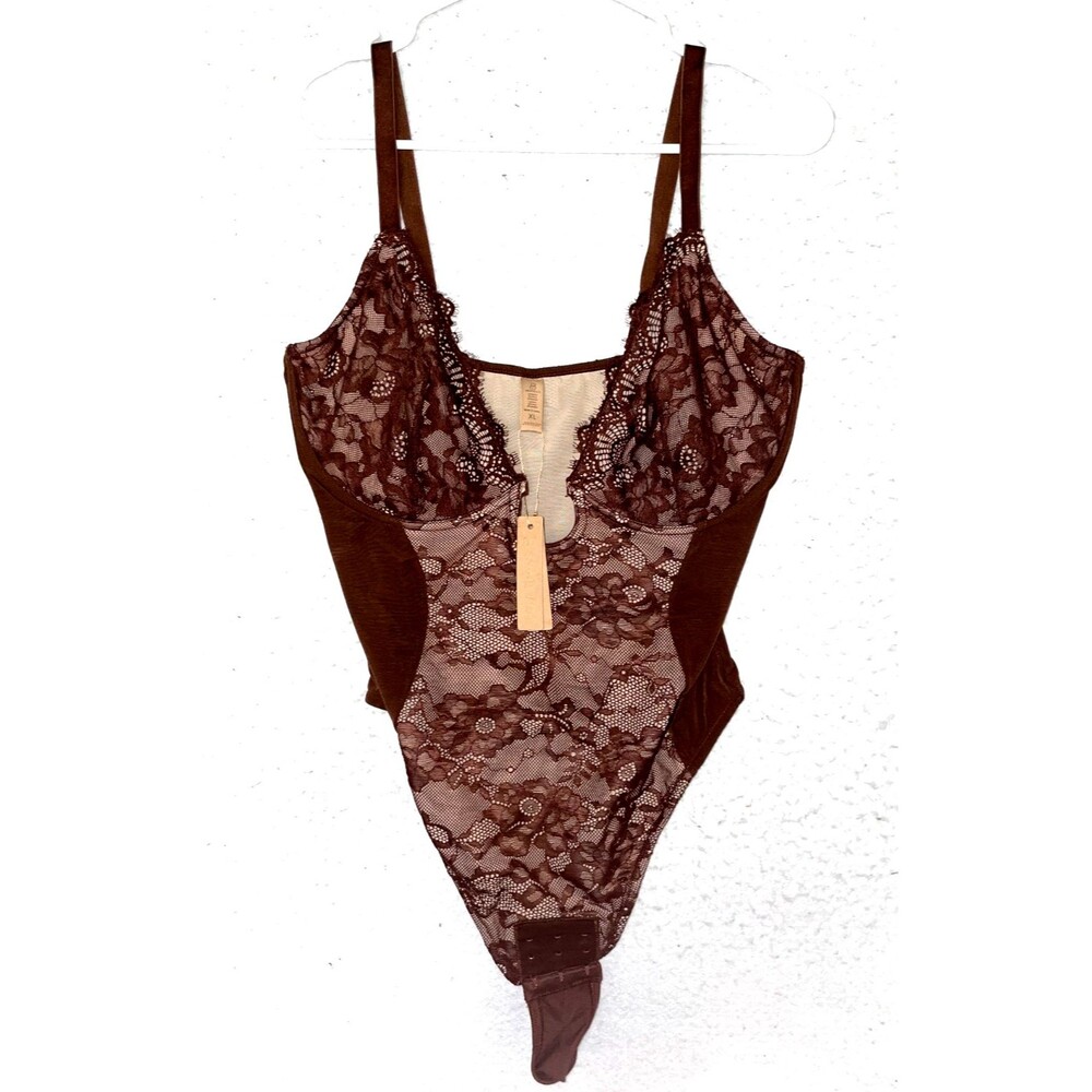 SHAPELLX Lace Thong Bodysuits Womens Top Waist Slim Bodysuit Tummy XL Brown